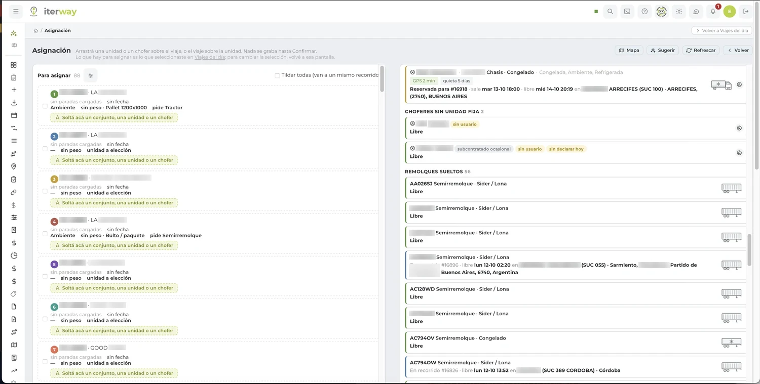 Assignment screen: the trips to assign on the left and the available units, drivers, and trailers on the right, to drag one onto the other.