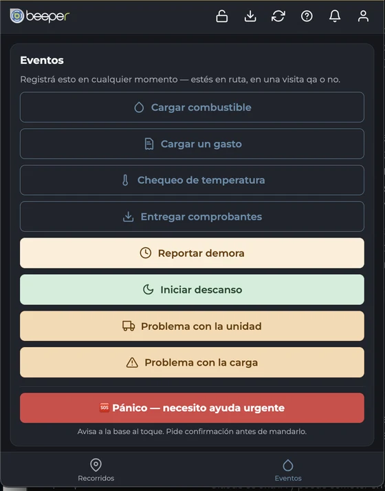 Events screen in Beeper: buttons to log fuel, log an expense, run a temperature check, report a delay, start a break, and the panic button.
