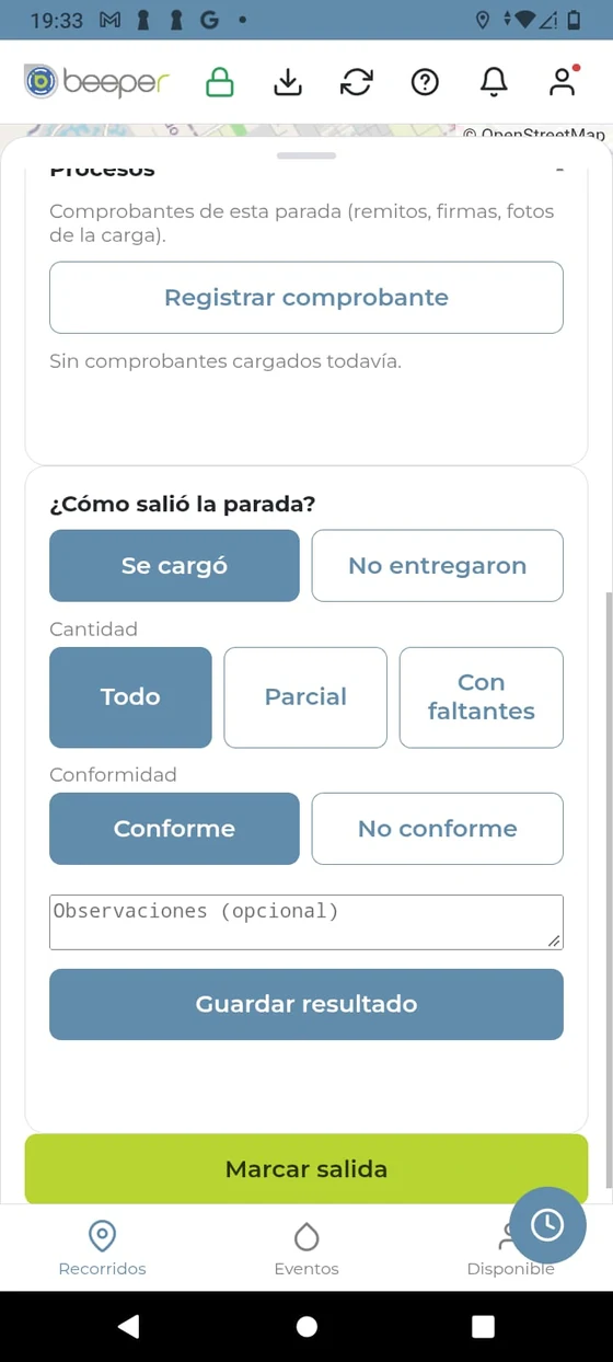 Beeper on a phone: the result screen for a stop, with the proofs and the buttons to record how the delivery went.