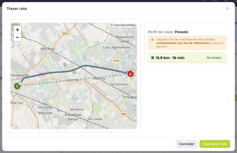 Pantalla Trazar ruta: el mapa con la ruta trazada para el perfil de ruteo Pesado, el aviso de que se completó con medidas de referencia, y la distancia, el tiempo y si hay peajes.