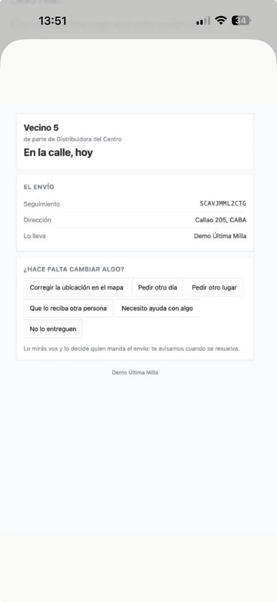 Recipient screen with the shipment out for delivery and the options to fix the location, ask for another day, ask for another place, or have someone else receive it.