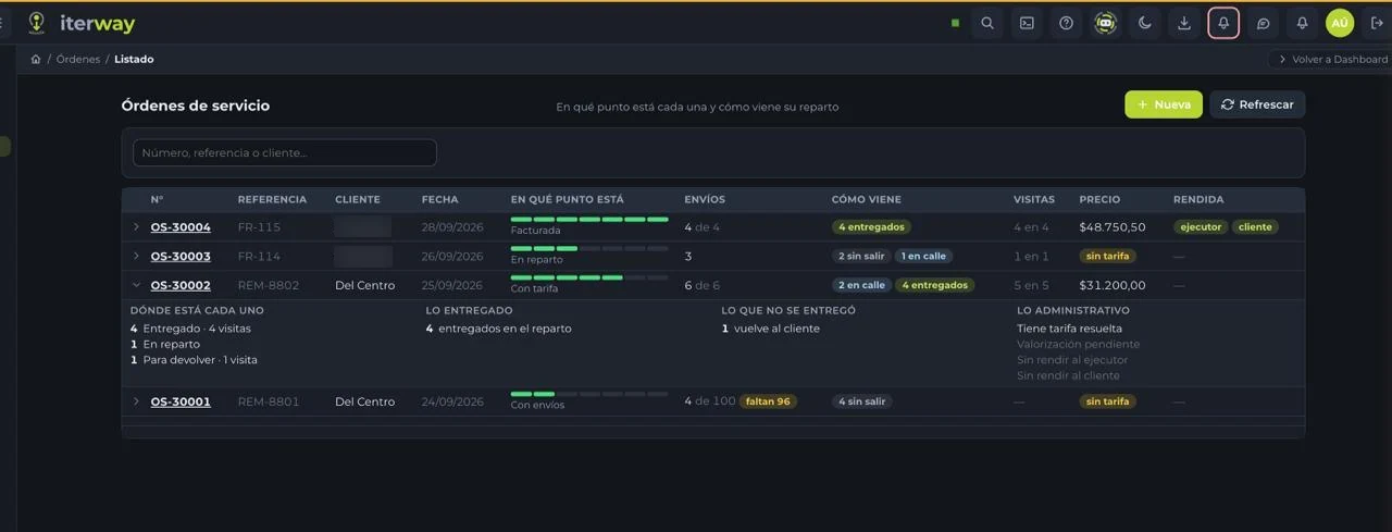 Service orders screen: each order with its customer, where its delivery stands, how many shipments it has, and whether it's been settled.